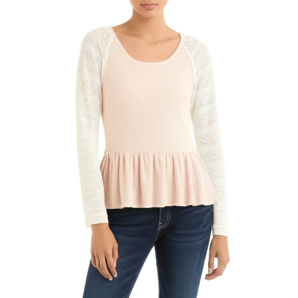 We The Free Womens Shirt M L Pink Peach‎ Boho Peplum Waffle Knit Lace Bohemian